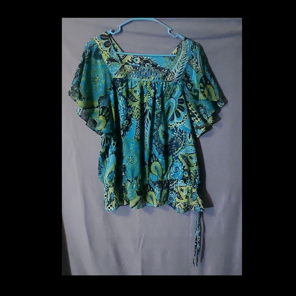 APT. 9 Paisley Studded Square Neck Blouse XL Blue Green Flutter Short Sleeve